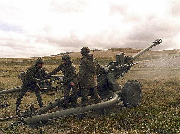 TA Soldiers using 105mm Light Gun, Falklands in 1979.