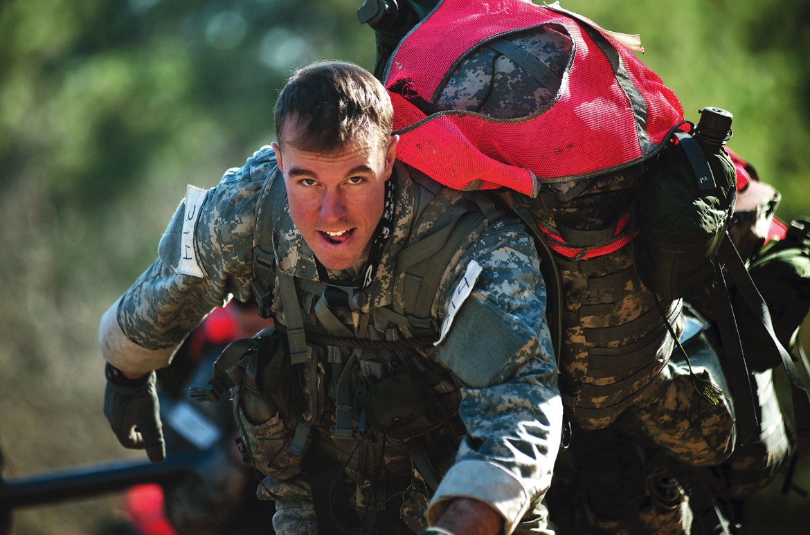 A face of determination on a candidate during the US Army's 'Q' course.